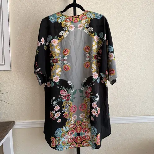 Agnes & Dora Floral Black Kimono Chic Sheer Lightweight Duster Open Front Oversized Cover Up
