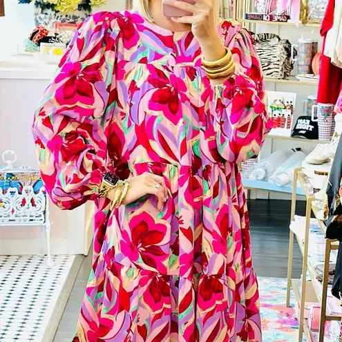 JODIFL Colorful Magenta Pink Floral Patterned Ruffle Mock Neck Dress