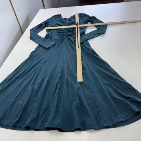 Eshakti Dress Womens 2 Blue Long Sleeve Midi Ruched Bodice Flare Cotton Spandex