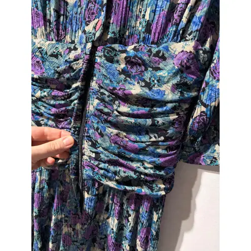 Vintage Floral Print Pleated Midi Dress Women's Long Sleeve Ruched Waist Purple Size 8