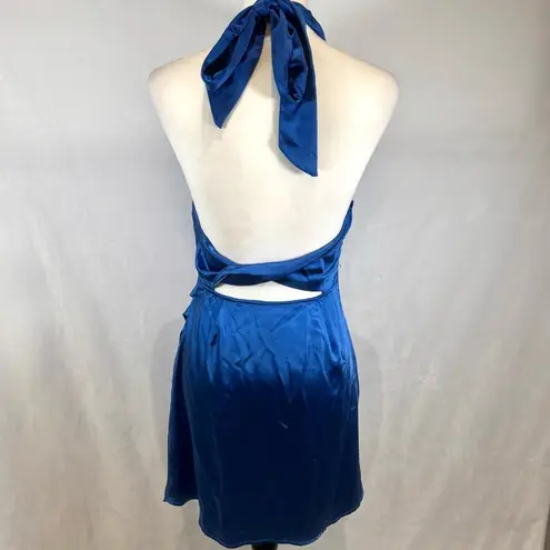 Angel Biba Blue satin halter neck faux wrap twisted backless mini dress size medium
