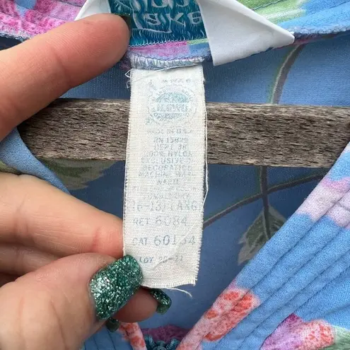 Vintage Sears Take Along tropical floral hibiscus zip up night gown house dress Blue Size L