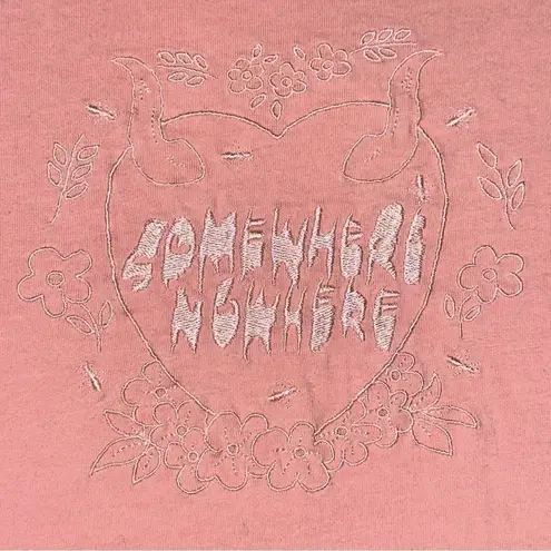 Somewhere Nowhere Womens Size L Pink Logo Floral Heart Horns Embroidered T
