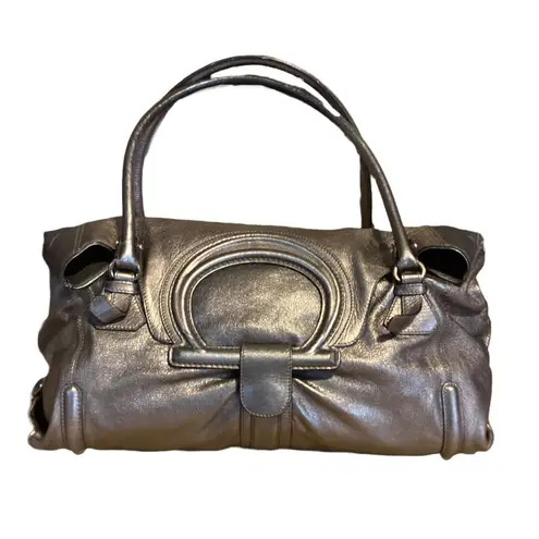Salvatore Ferragamo METALLIC SILVER/BRONZE LEATHER FOLD OVER SHOULDER BAG