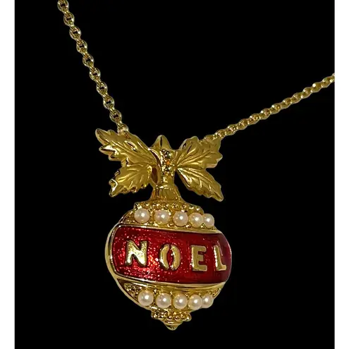 Vintage AVON 30” NOEL NECKLACE Red Enameled Gold + Faux Pearl Ornament Pendant