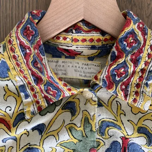Vintage Hand Made for Karavan Block Printed Long Sleeve Cotton Top Size Medium