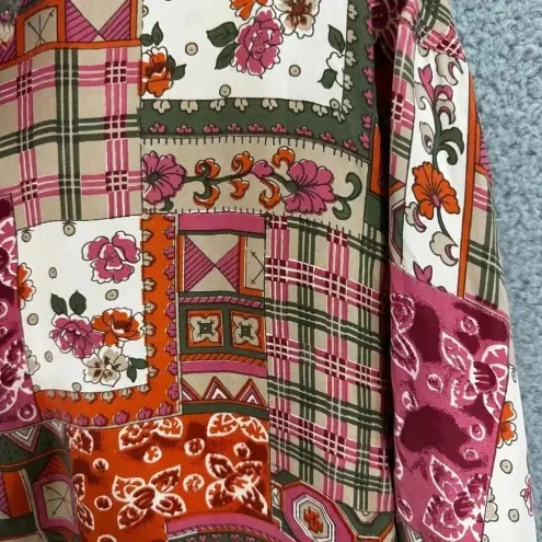Jonathan Martin Vintage Button Up Top Womens Large Silk Red Floral Patchwork Boho Indie Hippie