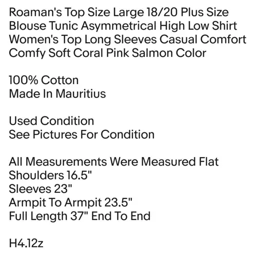 Roaman’s Roaman's Top Size Large 18/20 Plus Size Blouse Tunic Asymmetrical High Low Shirt Women's Top