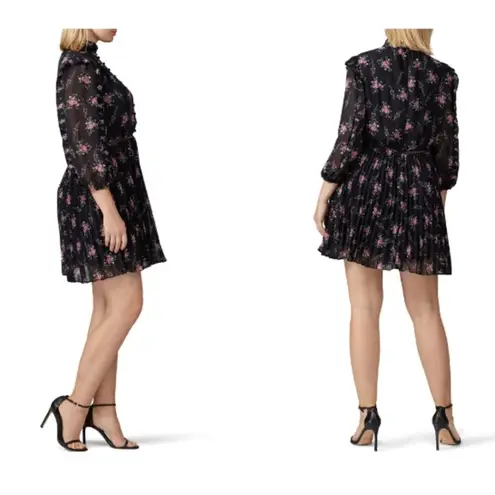 Monique Lhuillier ML Black Floral Ruffle Pleated Dress (Size 10)