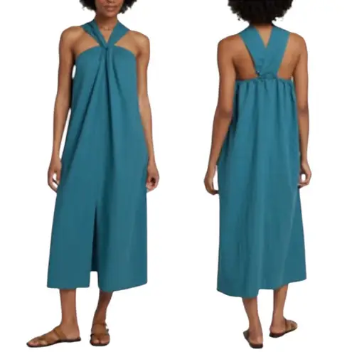 NEW Faherty Bay Twist Seersucker Halter Colonial Blue organic cotton Dress sz S