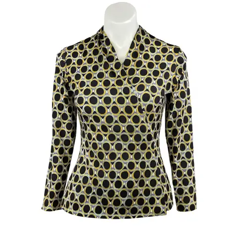J McLaughlin Geometric Print Wrap Top Women's Small Black Yellow Blue Retro Mod
