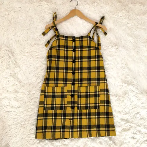 Lazy Oaf Pinny pinafore yellow plaid mini dress