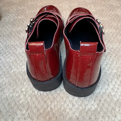 Shiny Red Double Buckle Loafers. Size 9