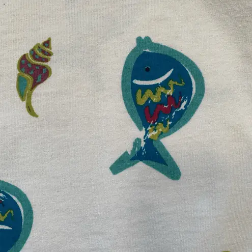 Vintage 90s White Cotton Maxi Shirt Dress Fish Seashell Shell Print Sleeveless Size M