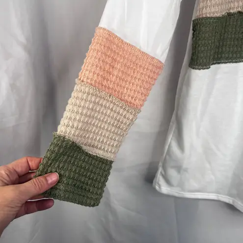 BiBi VTG Colorful Textured Striped Bodice & Cuffs Boho Pullover Top Size Small White