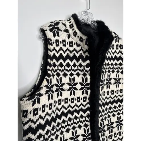 Talbots NWT  Black White Knit Faux Fur Trim open front Vest fair Isle 2X