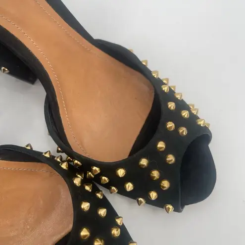 Schutz Dionise Heels Size 8.5 Black Nubuck Gold Stud Spike Open Toe Block Strap