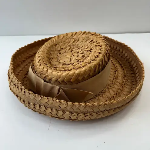 Vintage Amy New York Straw Boater Hat Abraham Straus Ribbon Accent Tan