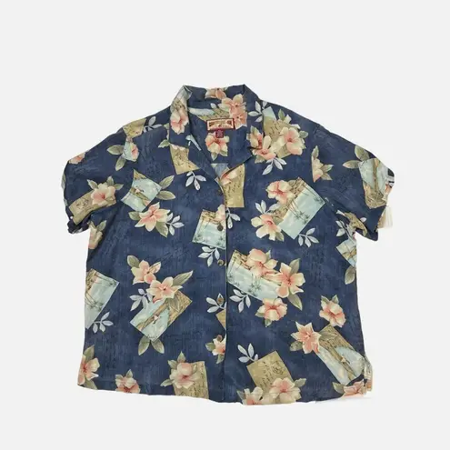 Caribbean Joe  Blue Pink Hawaiian Floral Print Button Down Shirt Sz 2X