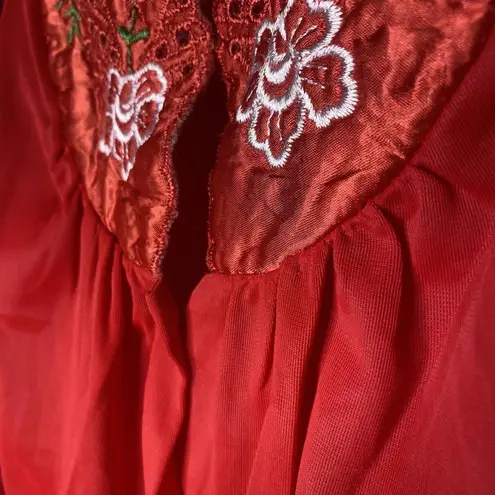 Kelly Reed Nylon Vintage Pajama Lounge Top Blouse Red Embroidered Large