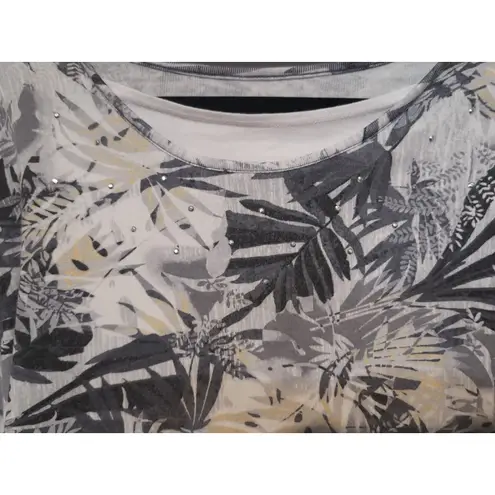 Basic Editions Tropical Leaf Print T Shirt, Women's Large Tee, Rhinestone Accent Gray