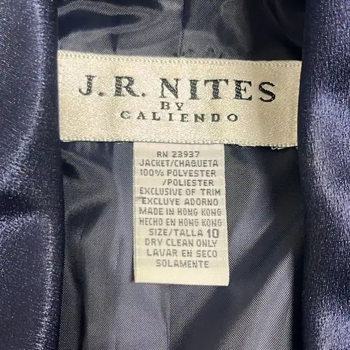 JR Nites by Caliendo Size 10 Jacket Sheer Sleeves Beaded Vest Satin Trim Blue