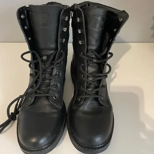 Guess  Gallton Combat Boots - Black Moto Ankle Buckle Side Zip Lace Up