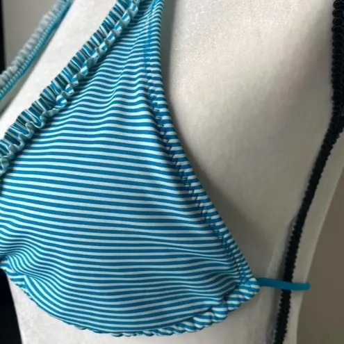 American Eagle  Ruffled Edge Striped Halter String Triangle Bikini Top Blue Small