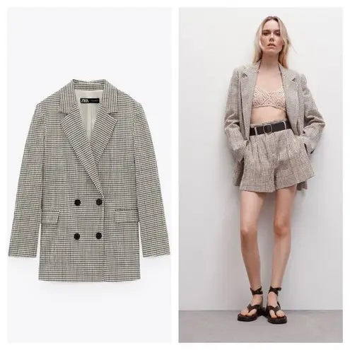 ZARA  Plaid Oversized Blazer Size XS Double Breasted Lightweight Cotton Chic