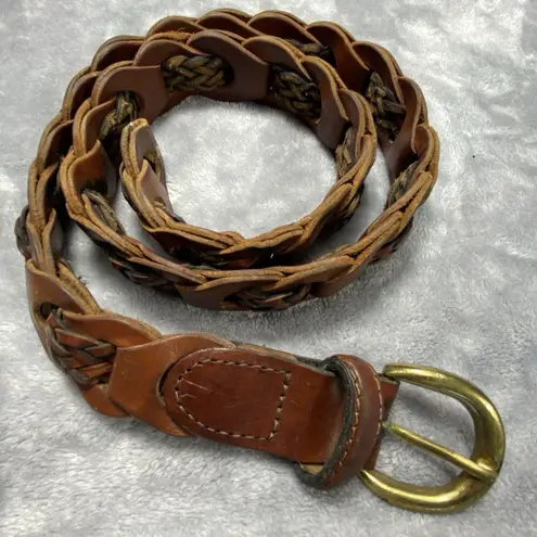 VTG Women's Braided Belt Small Brown Genuine Leather Chain Style Brass Buckle