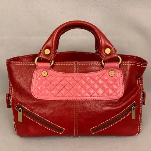 CELINE Red Leather Satchel Bag Pink Quilted Detail Designer Purse Classic Luxury