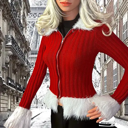 LAST ONE Holiday Fuzzy Fur Trim Sweater Red Size M