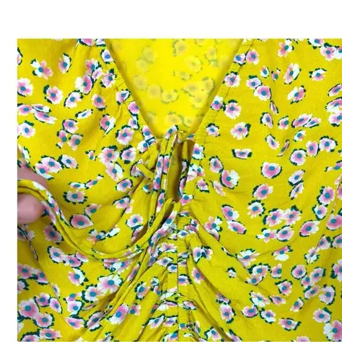 Nicholas Yellow Floral Print Ruched Tie Front Midi Dress Puff Sleeve sz 8 Boho