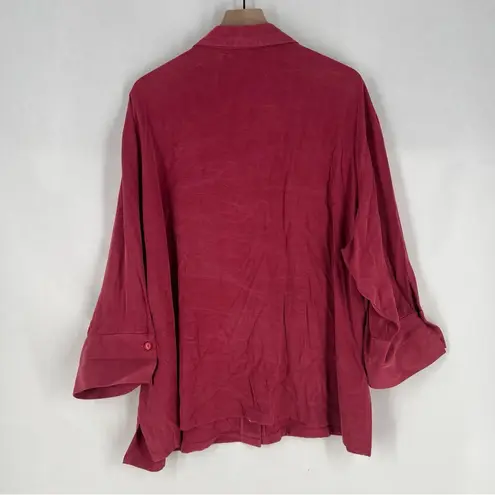 Tianello TENCEL Plus Sized Aida Blouse Button Front Garment Dyed Raspberry 2X Pink