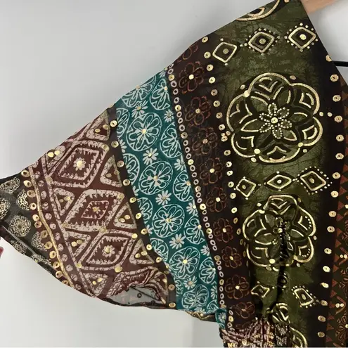 Rabbit Rabbit Rabbit Tribal Boho Printed Chiffon Batwing Asymmetrical Hem Dress Brown Size 8