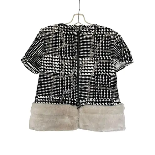 Katharine Kidd Black Tweed Houndstooth Plaid Faux Fur Trim Top Women’s Size 6