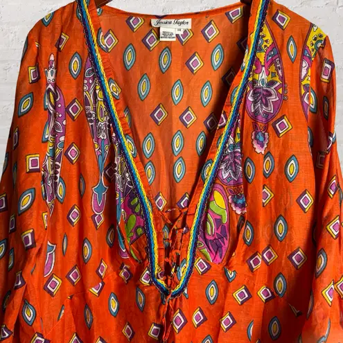 Jessica Taylor Vintage Paisley Tunic Dress Boho Embellished Lace Up Asymmetrical Whimsical 1X