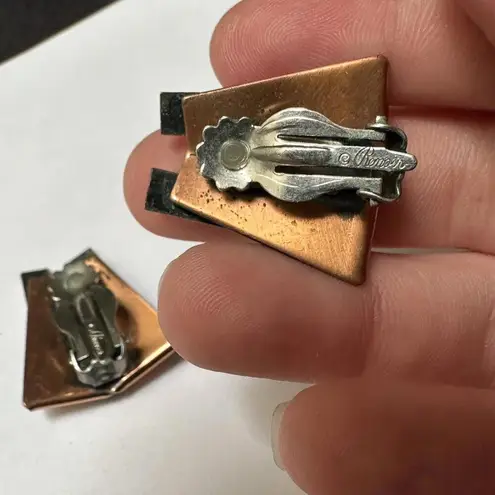 Renoir Oxidized Copper Modernist Clip On Earrings Signed