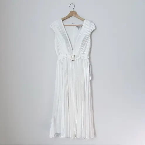 Mac Duggal NEW Pleated Cap Sleeve Belted A-line Midi Dress Gown Whiteb