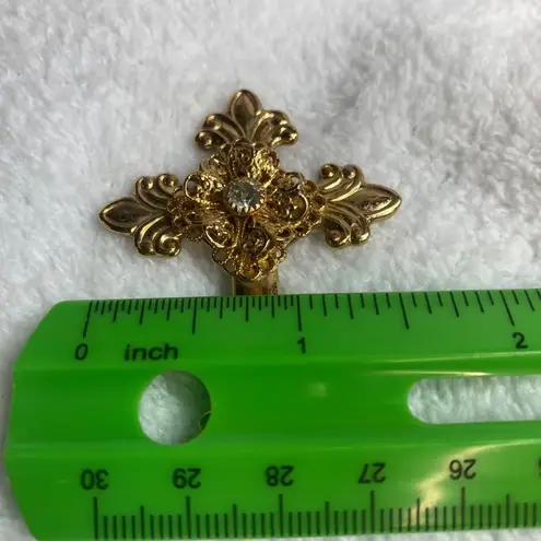 Vintage Gold Color Fleur De Lis Cross Pin Brooch Jane 1998 AOL Center Rhinestone