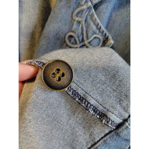 Bonjour Denim Long Jacket Women Blue Embroidered Collar Pockets