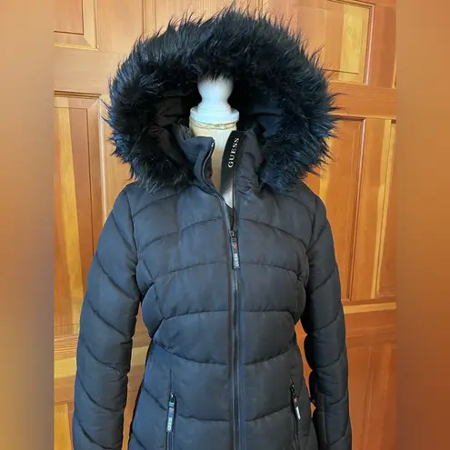 GUESS Faux Fur Trim Hooded Puffer Jacket Black Size M $99 From