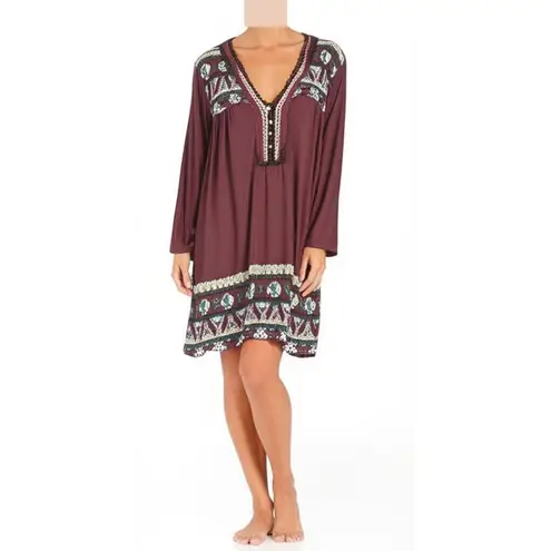 Bandolino Joelle Tunic Dress Womens Large Burgundy Embroidered Bohemian Peasant
