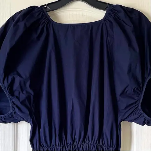 G. Label By Goop Sheely Puff Sleeve Midi Dress Navy Blue Cotton 6 EUC