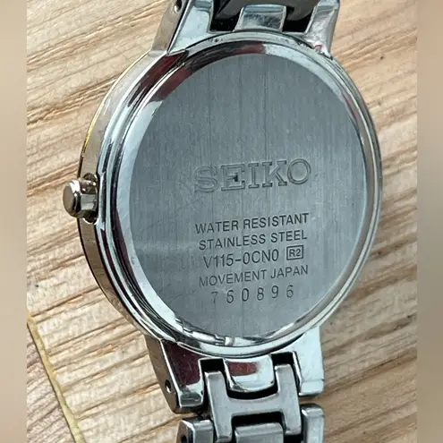 Seiko Solar Ladies Watch Crystal Embellishments Pearl Dial Two-Tone Bracelet