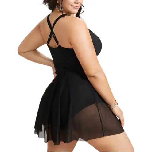 Bloomchic Black Floral Embroidered Overlap Collar Swim Dress size 18