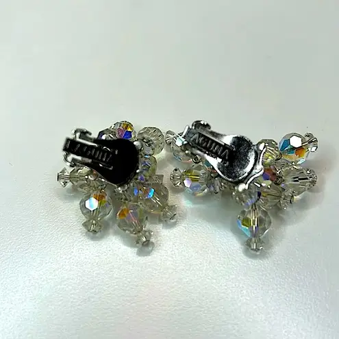 Vintage Laguna clip on earrings faceted clear aurora borealis cascading crystals