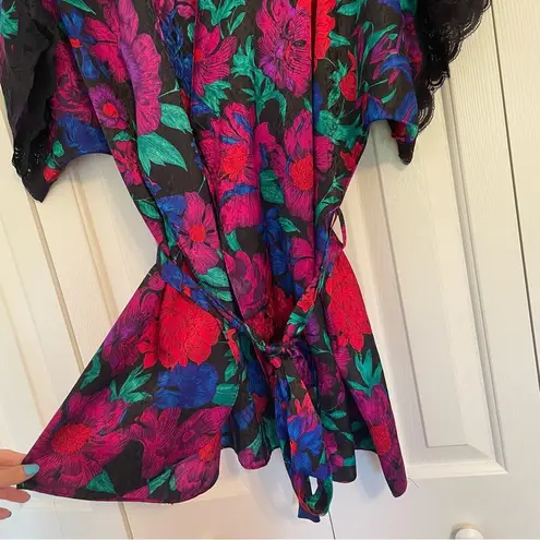 Vintage Satin Floral Robe Kimono Lace Trim Tropical One Size Red Size undefined