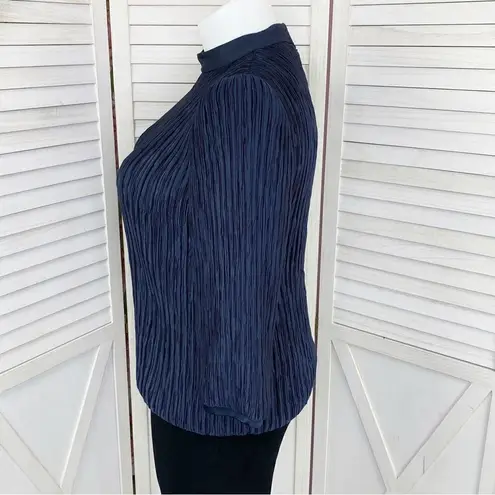 Vintage Pierre Labiche Plisse Satin Scrunch Pleated Puff Sleeve Blouse Blue 16 Blue