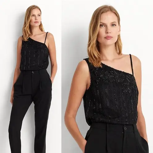 Ralph Lauren NWT  Beaded Mesh One Shoulder Camisole Top Floral Glam Party Black S